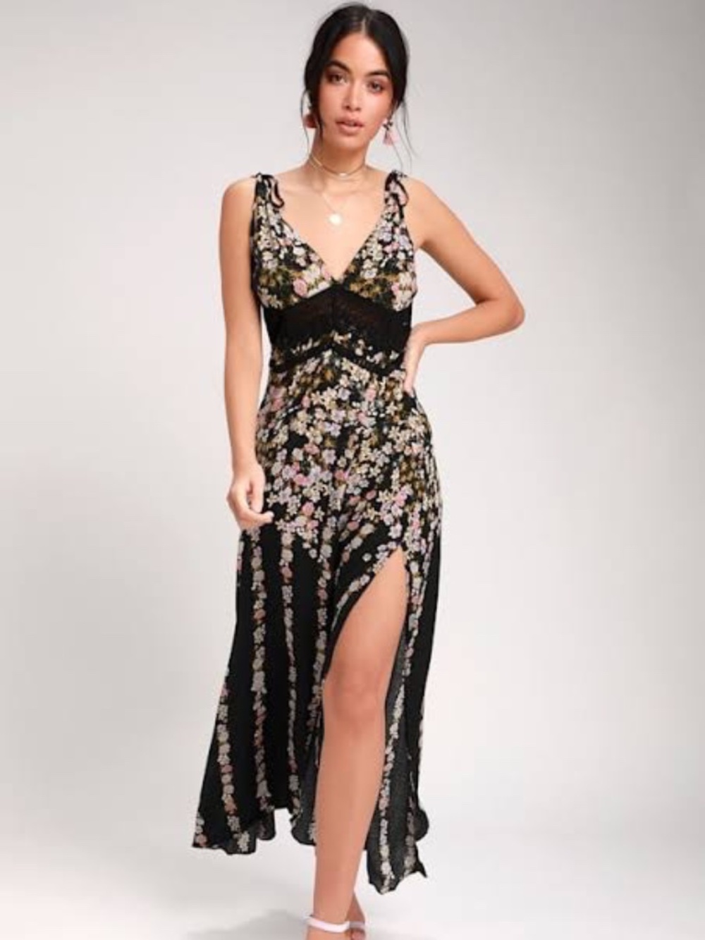 Free People Intimately Claire Black Floral Print Crochet Lace Maxi Dress Size S